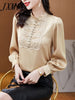2023 Spring Stitching Embroidery Shirt Women's Petal Stand-Up Collar Long-Sleeved Elegant Temperament Top Beaded Straight Style