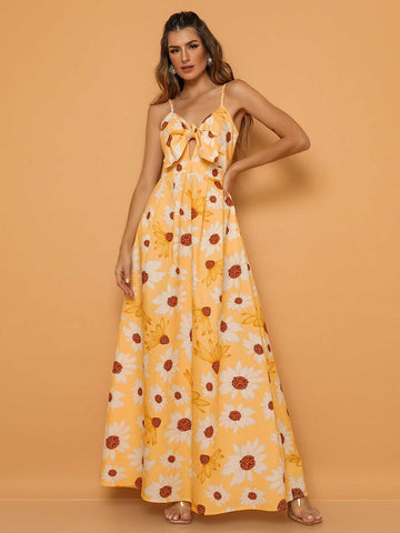 2023 Spring Summer Women's Vintage Floral Slip Maxi Dress Female V Neck Sleeveless Casual Sunflower Printed Beach Dresses