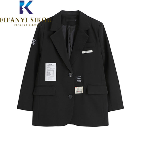 2023 Spring Women Black Blazer Jacket Single Breasted Letter Patch Designs Suit Jacket Female Loose Casual Blazers Coat