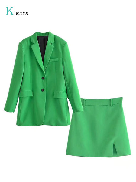 2023 Spring Women Blazer Suits Single Button Long Sleeve Slim Green Jacket Heart Detail Mini Skirt 2 Piece Sets