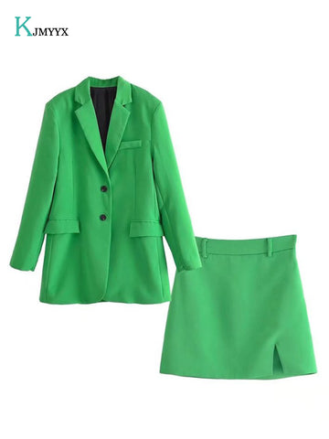 2023 Spring Women Blazer Suits Single Button Long Sleeve Slim Green Jacket Heart Detail Mini Skirt 2 Piece Sets