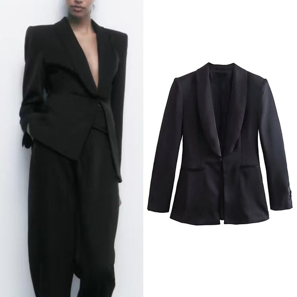 2023 Spring Women Silk Satin Texture Black Blazer Versatile Long Sleeve Single Button Lapel Female Coat Chic Top CD8611
