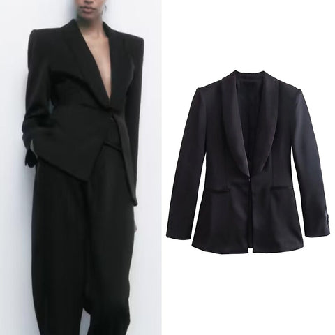 2023 Spring Women Silk Satin Texture Black Blazer Versatile Long Sleeve Single Button Lapel Female Coat Chic Top CD8611