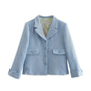 2023 Spring Women Sky Blue Tweed Blazer Casual Single-breasted Notched V-neck Jacket with Pocket Female Coat Chic Top Za
