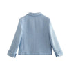 2023 Spring Women Sky Blue Tweed Blazer Casual Single-breasted Notched V-neck Jacket with Pocket Female Coat Chic Top Za