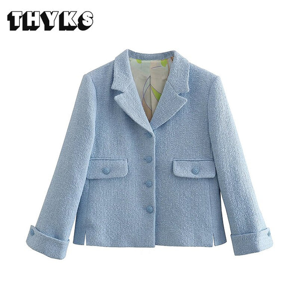 2023 Spring Women Sky Blue Tweed Blazer Casual Single-breasted Notched V-neck Jacket with Pocket Female Coat Chic Top Za