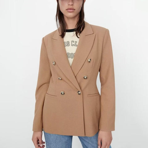 2023 Spring Women Solid Color Blazer Casual Long Sleeve Double Breasted Lapel Female Outerwear Chic Top MSD7191