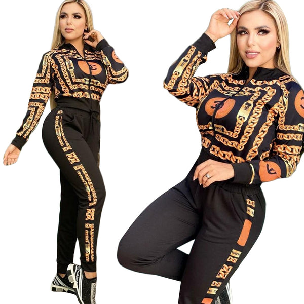 2023 Spring Women's 2-piece Long Sleeve Jacket Zipper Jacket Chain Print Elegant Trend Sports Pants Set