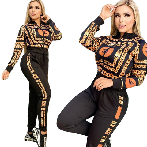 2023 Spring Women's 2-piece Long Sleeve Jacket Zipper Jacket Chain Print Elegant Trend Sports Pants Set