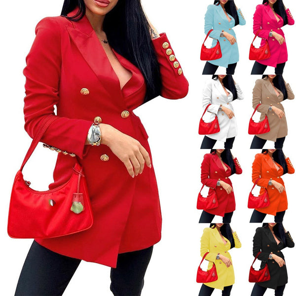 2023 Spring and Autumn Wome's Slim Long-sleeved Double-breasted Mid-length Suit Jacket Female and Lady Casual Coats
