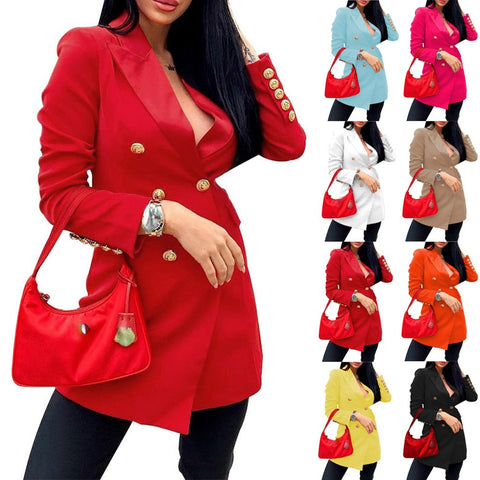 2023 Spring and Autumn Wome's Slim Long-sleeved Double-breasted Mid-length Suit Jacket Female and Lady Casual Coats