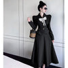 2023 Spring and Autumn Season Elegant High-end Slim Women's Long Sleeved Black Blazer Bownot Top Long Skirt Two-piece Suit