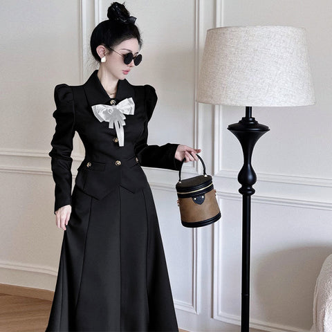 2023 Spring and Autumn Season Elegant High-end Slim Women's Long Sleeved Black Blazer Bownot Top Long Skirt Two-piece Suit