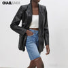 2023 Spring and Autumn Women Faux Leather Blazer Coat Female Vintage Pockets Long Sleeve Black Vents Tops Outerwear