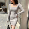 2022 Square Collar Bag Hip Long-sleeved Short Dress Waist Warm Winter Slim Pullovers Women Solid Color Buttocks Knitted Dresses