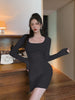 2022 Square Collar Bag Hip Long-sleeved Short Dress Waist Warm Winter Slim Pullovers Women Solid Color Buttocks Knitted Dresses