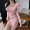 2022 Square Collar Bag Hip Long-sleeved Short Dress Waist Warm Winter Slim Pullovers Women Solid Color Buttocks Knitted Dresses