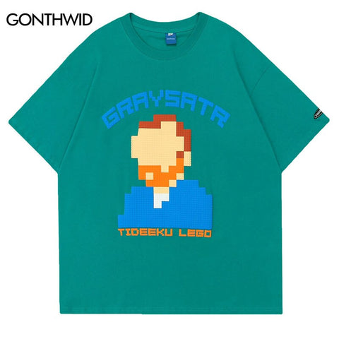 2023 Streetwear Men T-Shirt Harajuku Funny Pixel Cartoon Van Gogh Print Tshirt Summer Hip Hop Casual Cotton Loose T Shirt Top