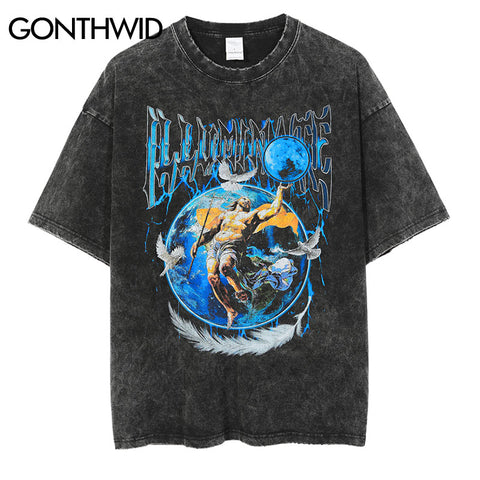 2023 Streetwear T Shirt Hip Hop Vintage Painting Graphic Print Short Sleeve Tshirts Harajuku Retro Punk Gothic Cotton Tees Black