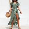2023 Summer Beach Maxi Dress Women Floral Print Boho Long Chiffon Dress Ruffles Wrap Casual V-Neck Split Sexy Party Dress Robe