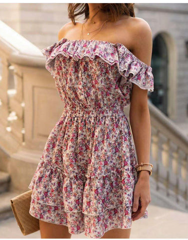 2023 Summer Beach Style Mini Dress Women Short Sleeve Slash Neck A-Line Floral Print Ruffle Dresses Casual Party Lady Vestidos