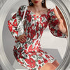 2023 Summer Collection Women Clothing Floral Print Puff Sleeve Sweetheart Neck Shirred Frill Hem Bodycon Midi Dress