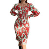 2023 Summer Collection Women Clothing Floral Print Puff Sleeve Sweetheart Neck Shirred Frill Hem Bodycon Midi Dress