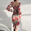 2023 Summer Collection Women Clothing Floral Print Puff Sleeve Sweetheart Neck Shirred Frill Hem Bodycon Midi Dress