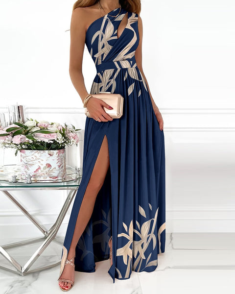 2023 Summer Elegant One Shoulder Floral Print High Slit Cutout Maxi Party Dress Asymmetric Women Long Wedding Evening Sexy Robes