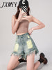 2023 Summer Style Old Retro Ripped Raw Edge Denim Shorts Women's Loose And Thin High Waist A-Line Pants