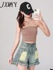 2023 Summer Style Old Retro Ripped Raw Edge Denim Shorts Women's Loose And Thin High Waist A-Line Pants