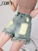 2023 Summer Style Old Retro Ripped Raw Edge Denim Shorts Women's Loose And Thin High Waist A-Line Pants