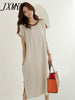 2023 Summer Round Neck Over Knee Short Sleeve Dress Lace Splicing Side Small Fresh Casual Over Knee Long Dress Linen