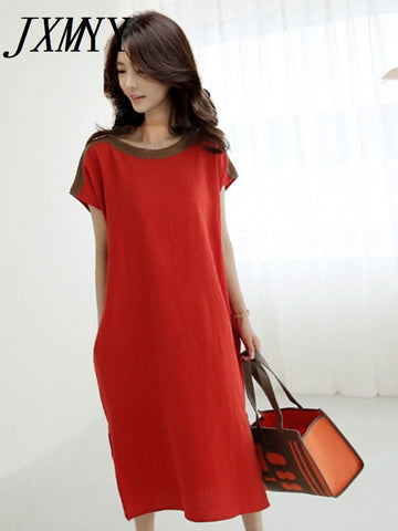 2023 Summer Round Neck Over Knee Short Sleeve Dress Lace Splicing Side Small Fresh Casual Over Knee Long Dress Linen