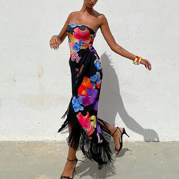 2023 Summer Floral Maxi Dress Women Slit Wrap Dress Maxi Backless Beach Dresses Sexy Party Print Fringed Woman Long Dress Skirt