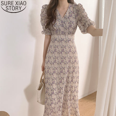 2023 Summer Korean Style Elegant dress vintage Floral Print High Waist V-neck Short Sleeve Casual Ankle-length Dresses