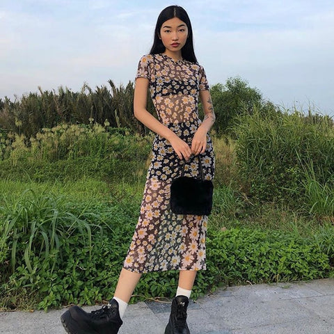 2023 Summer Mesh Sheer Floral Dress Women Short Sleeve See Through Bodycon Maxi Dress Bohemian Sexy Elegant Dresses Vestidos