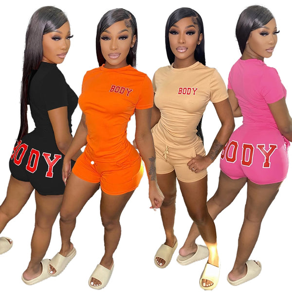 2023 Summer Body Letter Print Women Short Sleeve Shirts and Shorts Body Sets Spandex 2 Piece Biker Short Set