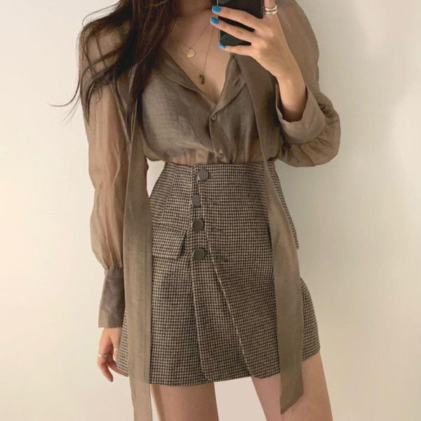 2023 Summer Korean Retro Light  Lace-up Single-breasted Long-sleeved Shirt Skirt Suit Boutique Clothing