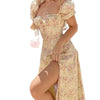 2023 Summer Puff Sleeve Floral System Light Mature Temperament High Fork Long Skirt Women's Dress Summer