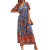 2023 Summer Women Floral Print Short Sleeve Beach Bohemian Maxi Dress Ladies V-neck Cotton Boho Sundress Vestidos