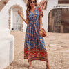 2023 Summer Women Floral Print Short Sleeve Beach Bohemian Maxi Dress Ladies V-neck Cotton Boho Sundress Vestidos