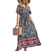2023 Summer Women Floral Print Short Sleeve Beach Bohemian Maxi Dress Ladies V-neck Cotton Boho Sundress Vestidos