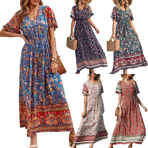 2023 Summer Women Floral Print Short Sleeve Beach Bohemian Maxi Dress Ladies V-neck Cotton Boho Sundress Vestidos