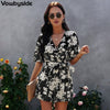 2023 Summer Women's Jumpsuit Short Sleeved V-neck Sashes Floral Rompers