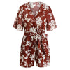 2023 Summer Women's Jumpsuit Short Sleeved V-neck Sashes Floral Rompers