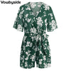 2023 Summer Women's Jumpsuit Short Sleeved V-neck Sashes Floral Rompers