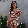 2023 Summer Women's Jumpsuit Short Sleeved V-neck Sashes Floral Rompers