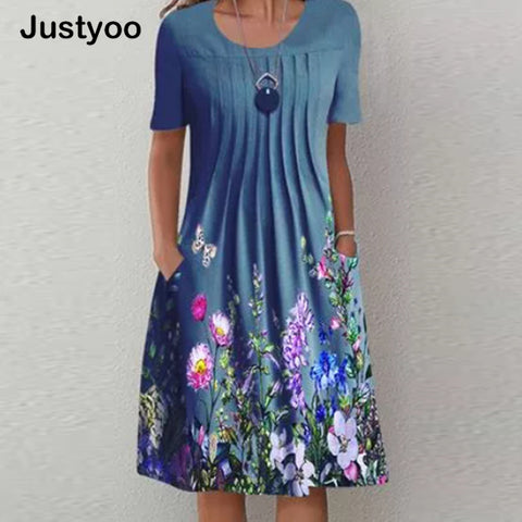 2023 Summer Round Neck Pocket Loose Dress Spring Casual Floral Print A-Line Dress Women Short Sleeve Pleated Party Dress Vestido