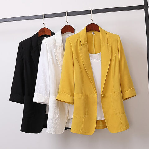 2023 Summer Solid Color Elegant Blazer Casual Thin Women's Jacket Korean Style V-neck Office Lady Suit Coat Mid-length Clothes